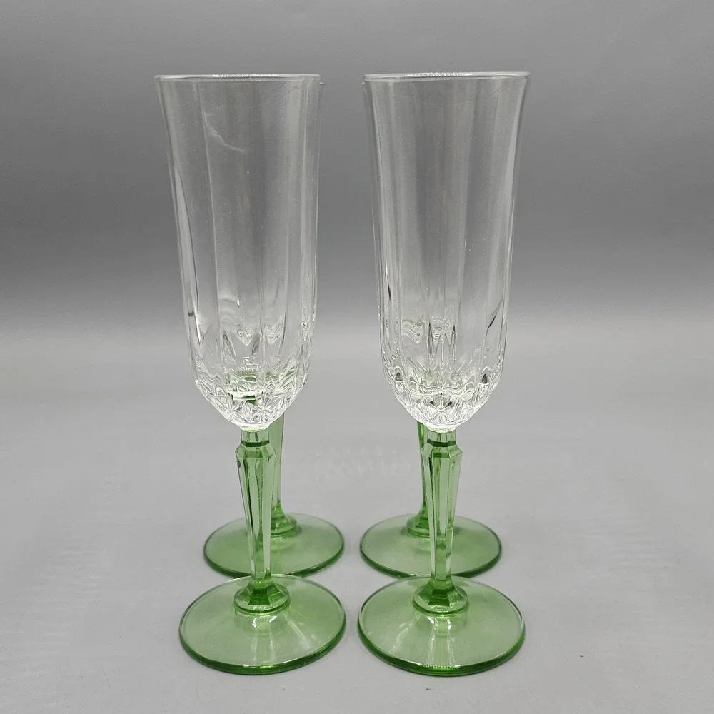 Vintage 90's St George Crystal Glendale Champagne Flutes Set Of 4 Green Stem